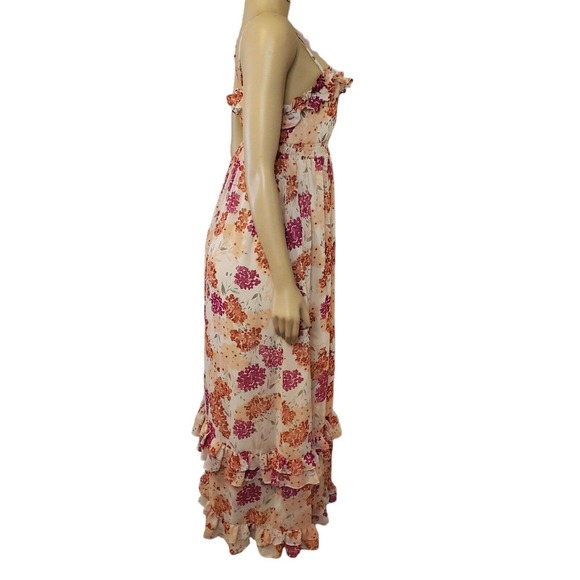 Elle Women's Maxi Dress Size XS Peach Floral Thin Strap Smock V-neck Lined - Picture 3 of 10